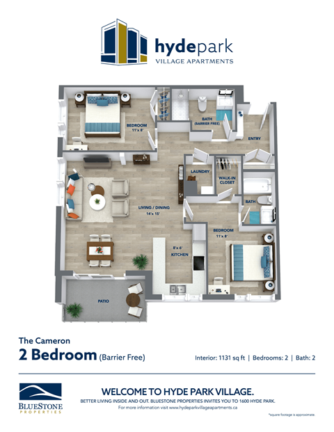 Floor plan for 2 beds, 2 baths, 1031 sqft